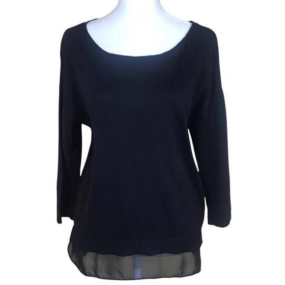 Ann Taylor‎ Shirt Womens Small Black 3/4 Sleeves Sheer Hem Flowy Casual Blouse - Picture 1 of 9